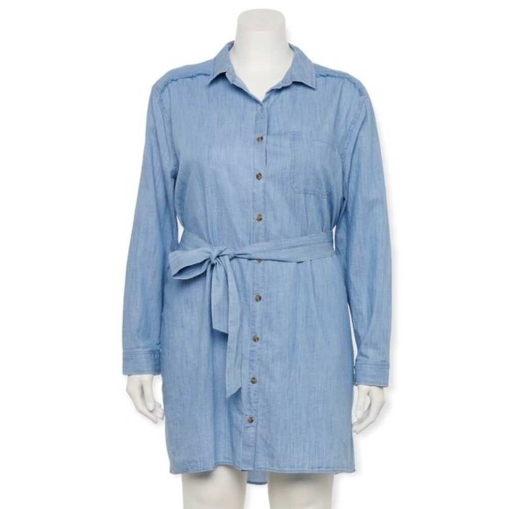 SO Lightwash Belted Long Sleeve Denim Shirt Dress